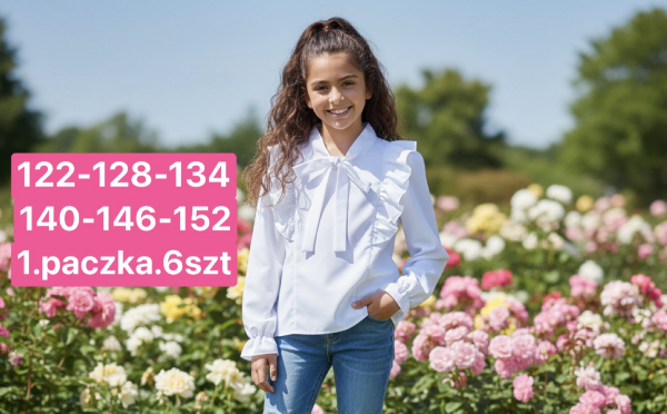 Koszule dziewczęce Roz 122-152, 1 kolor Paczka 6 szt